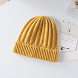 Kids Ribbed Cashmere Beanie Ribbing Hem Boys and Girls Cashmere Hat Yellow S