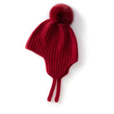 Kids Ribbed Cashmere Hat with Earflaps and Fluffy Pom Cashmere Knit Cap Claret S