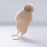 Kids Ribbed Cashmere Hat with Earflaps and Fluffy Pom Cashmere Knit Cap Beige S