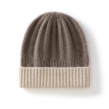 Kids Ribbed Cashmere Knit Beanie Folded Edge Colorblock Cashmere Knit Hat Taupe S