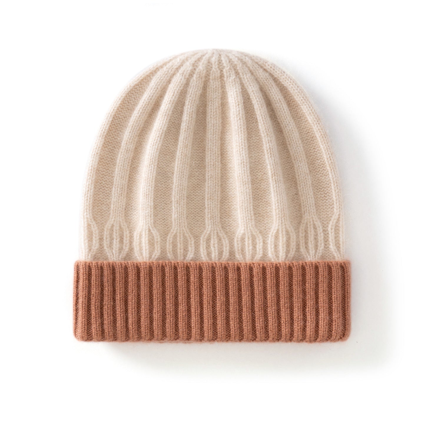 Kids Ribbed Cashmere Knit Beanie Folded Edge Colorblock Cashmere Knit Hat Beige S