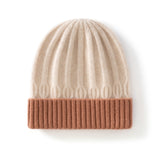 Kids Ribbed Cashmere Knit Beanie Folded Edge Colorblock Cashmere Knit Hat Beige S