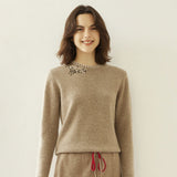 Lady Crew Neck Cashmere Sweater With Embroidered Contrast Stitch Trim Taupe XS