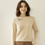 Lady Crew Neck Cashmere Sweater With Embroidered Contrast Stitch Trim Beige XS
