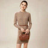 Womens Cashmere Ribbed Knit Dress Long Sleeve Pure Cashmere Dress Taupe XS