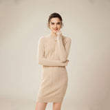 Womens Cashmere Ribbed Knit Dress Long Sleeve Pure Cashmere Dress Beige XS