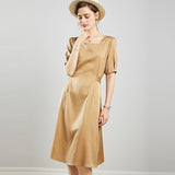Womens Square Neck Silk Dress Puff Sleeves Silk Midi Dress Khaki XS