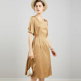 Womens Square Neck Silk Dress Puff Sleeves Silk Midi Dress Khaki XS