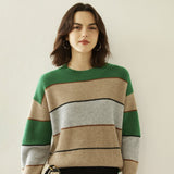 Lady Striped Cashmere Sweater Crewneck Colorblock Knit Drop Shoulder Green XS