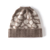 Leopard Jacquard Cashmere Beanie for Women Rib Knit Cashmere Hat Taupe M