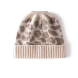 Leopard Jacquard Cashmere Beanie for Women Rib Knit Cashmere Hat Beige M
