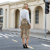 Leopard Print Silk Midi Skirt for Women High Waist Silk Dress Silk Pencil Skirt Brown XS