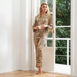 Leopard Print Silk Pajama Set Long Sleeve Button Down Silk Two Piece Set Brown XS