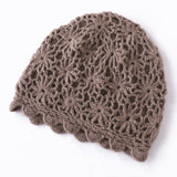Lightweight Cashmere Floral Knit Cap Handmade Cashmere Beanie for Women Taupe M