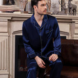 Long Best Mens Silk Pajamas Set Comfortable Silk Sleepwear Blue M