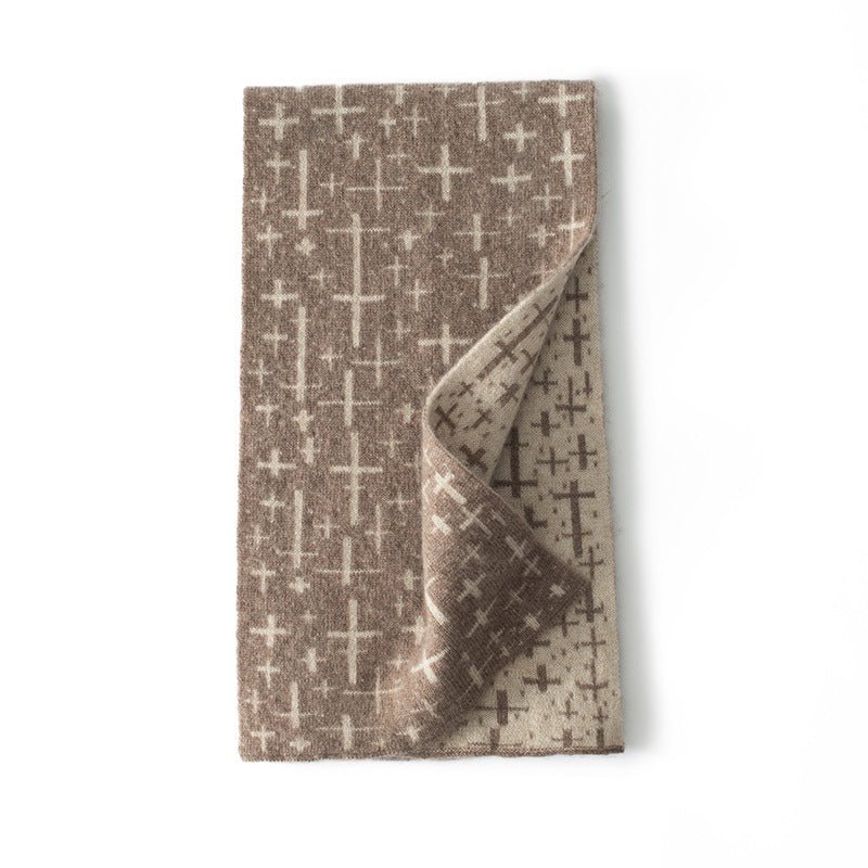 Pure Cashmere Scarf With Reversible Geometric Pattern Double Layer Taupe M