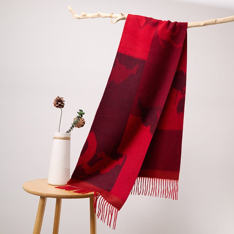Long Pure Cashmere Fringed Scarf With Intricate Pattern Cashmere Warps Red L