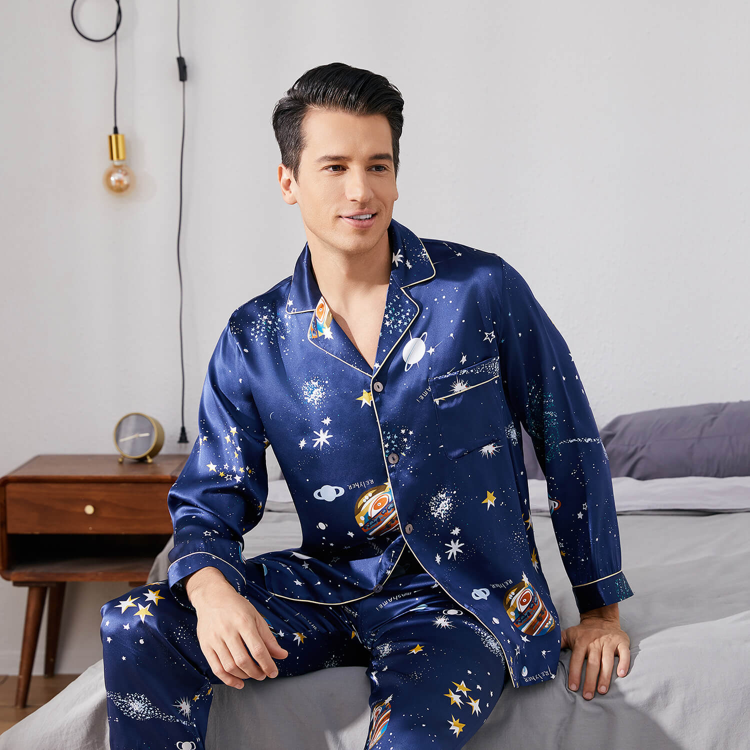 Long Galaxy Print Men Silk Pajama Set Luxury Silk Nightwear Navy Blue S