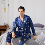Long Galaxy Print Men Silk Pajama Set Luxury Silk Nightwear Navy Blue S