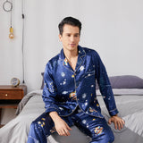 Long Galaxy Print Men Silk Pajama Set Luxury Silk Nightwear Navy Blue S