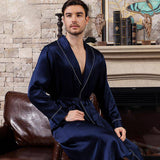 Long Mens Silk Robe Real Pure Luxury Silk Bathrobe Navy Blue XS