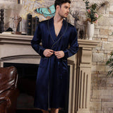 Long Mens Silk Robe Real Pure Luxury Silk Bathrobe Navy Blue XS