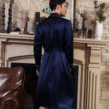 Long Mens Silk Robe Real Pure Luxury Silk Bathrobe Navy Blue XS