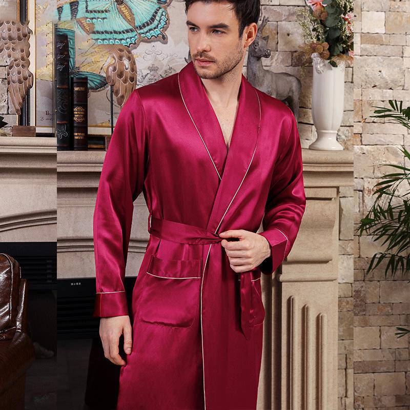 Long Men's Silk Robes Luxury Mens Silk Dressing Gowns Claret XS