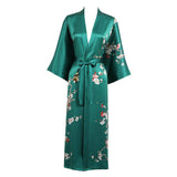 Long Silk Kimono For Women Cherry Blossom Printing Silk Robe Green One size fits most