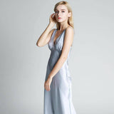 Long Silk Nightgown For Women Wide Strap V Neck Silk Nightdress Silver Blue XS