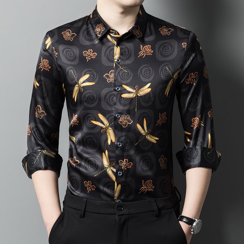 Long Sleeve Silk Shirts for Men Silk Dragonfly Print Dress Shirt Black XS