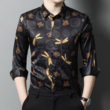 Long Sleeve Silk Shirts for Men Silk Dragonfly Print Dress Shirt Black XS