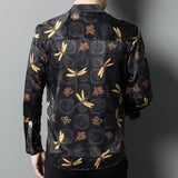 Long Sleeve Silk Shirts for Men Silk Dragonfly Print Dress Shirt Black XS