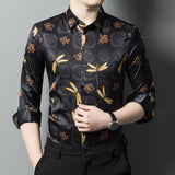 Long Sleeve Silk Shirts for Men Silk Dragonfly Print Dress Shirt Black XS