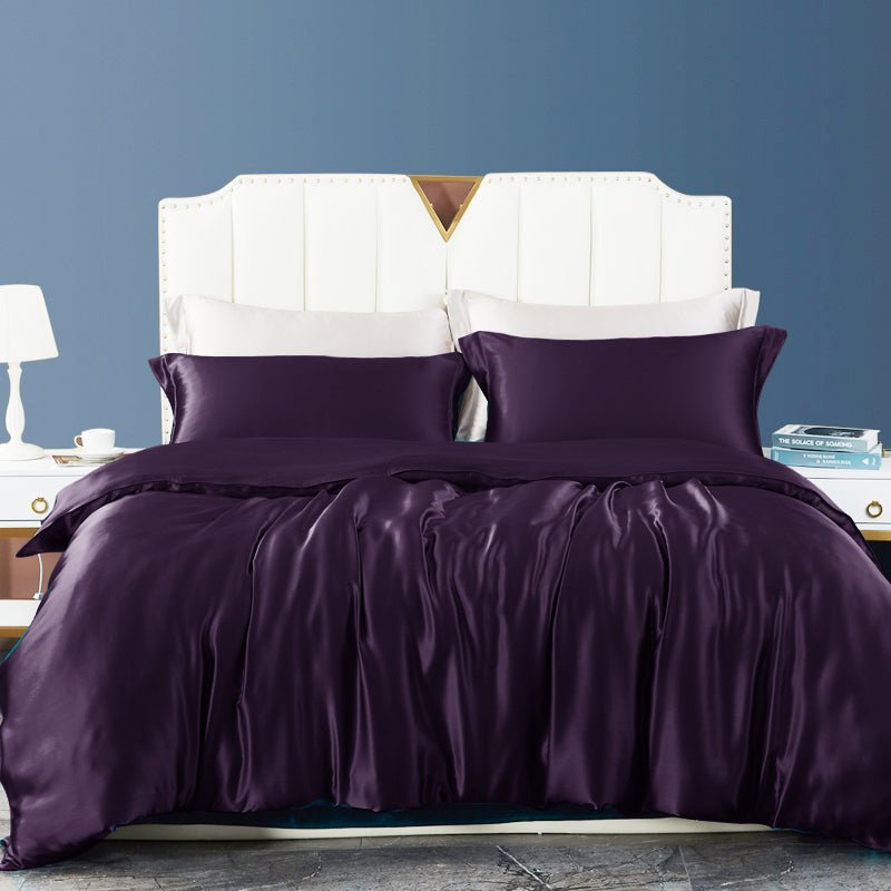 25 Momme 100% Mulberry Silk 4 - Piece Duvet Cover Set with Flat Sheet Deep Purple Twin