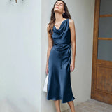Luxury Silk Dresses Cowl Neck Sleeveless Silk Midi Dress Dark Blue XS
