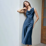 Luxury Silk Dresses Cowl Neck Sleeveless Silk Midi Dress Dark Blue XS