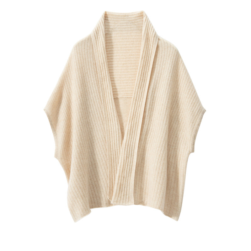 Womens Cashmere Ribbed Knit Shawl Vest Open Front Cape Beige M
