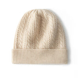 Unisex Cable Knit Cashmere Beanie Hat Ribbed Cuff Foldover Hat Beige M