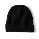 Unisex Cable Knit Cashmere Beanie Hat Ribbed Cuff Foldover Hat Black M