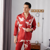 Men Crane Print Long Silk Pajamas Set Pure Silk Sleepwear Red S