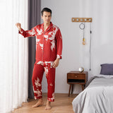 Men Crane Print Long Silk Pajamas Set Pure Silk Sleepwear Red S