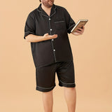 Men Plus Size Short Silk Pajamas Set Pure Silk Sleepwear Black XS
