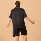 Men Plus Size Short Silk Pajamas Set Pure Silk Sleepwear Black XS
