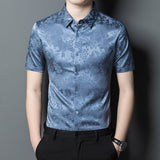 Mens Button Down Silk Shirts Short Sleeve Floral Print Silk Dress Shirt XS Blue