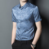 Mens Button Down Silk Shirts Short Sleeve Floral Print Silk Dress Shirt XS Blue