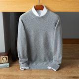 Mens Diamond Pattern Cashmere Sweater Crew Neck Long Sleeve Ribbed Hem Gray XS
