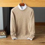 Mens Diamond Pattern Cashmere Sweater Crew Neck Long Sleeve Ribbed Hem Camel XS