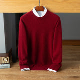 Mens Diamond Pattern Cashmere Sweater Crew Neck Long Sleeve Ribbed Hem Red XS