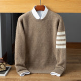 Mens Striped Sleeve Cashmere Sweater Crew Neck Ribbed Hem Pullover Taupe XS